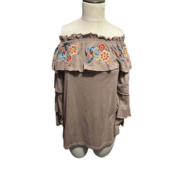 Umgee Embroidered Ruffle Off Shoulder Long Sleeve Ruffle Top Mocha Brown Size M - Picture 6 of 10
